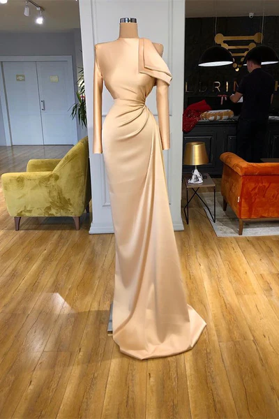 Designer Long Champagne Mermaid Satin Prom Dress With Long Sleeves - Prom Dresses - DINIBLO 