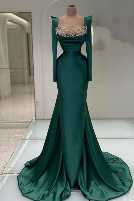 Designer Long Dark Green Beading Pearls Mermaid Prom Dresses with Long Sleeves - Prom Dresses - DINIBLO 