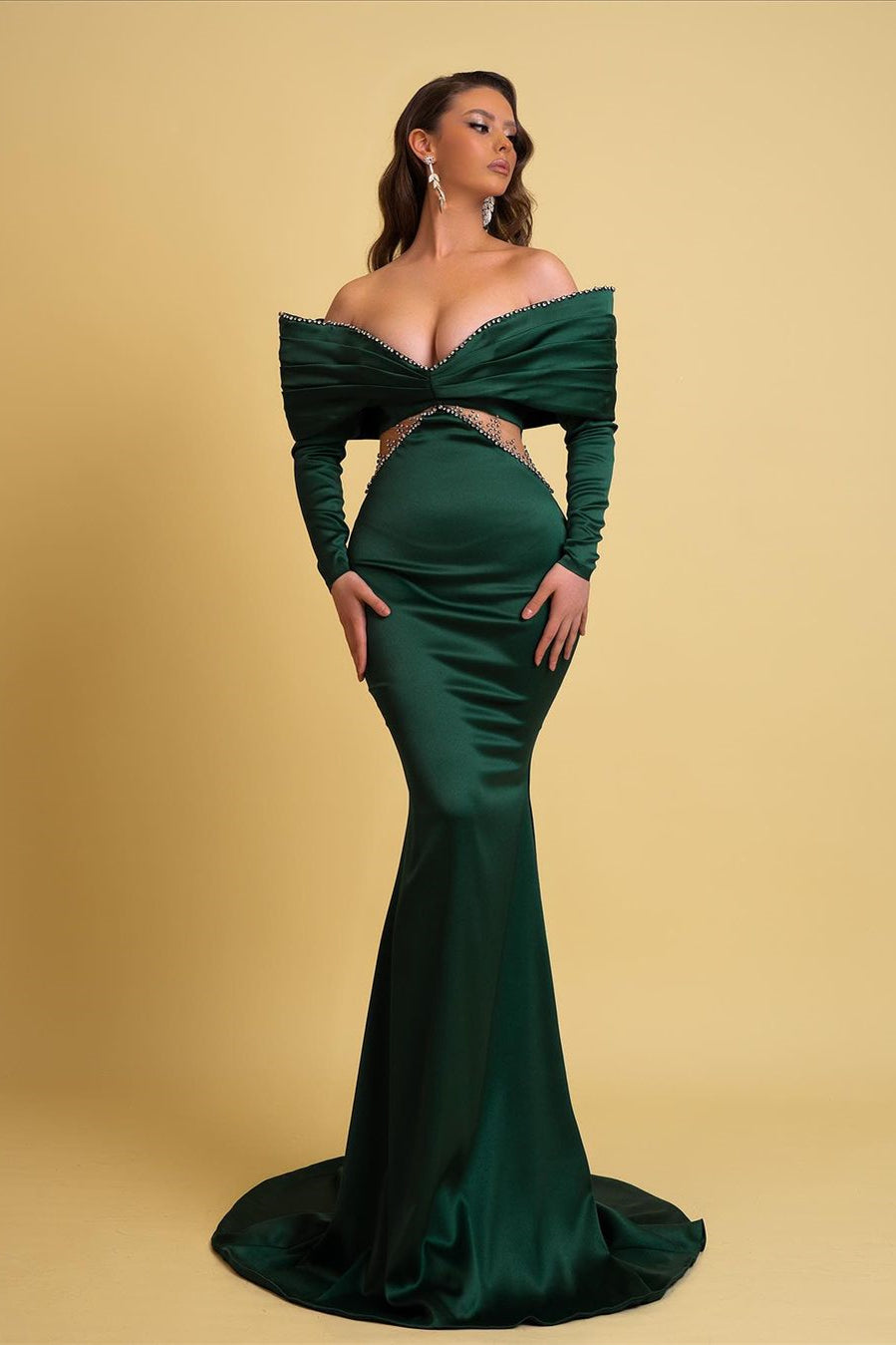 Designer Long Dark Green Mermaid Off-the-shoulder Rhinestones Prom Dress With Long Sleeves - Prom Dresses - DINIBLO 