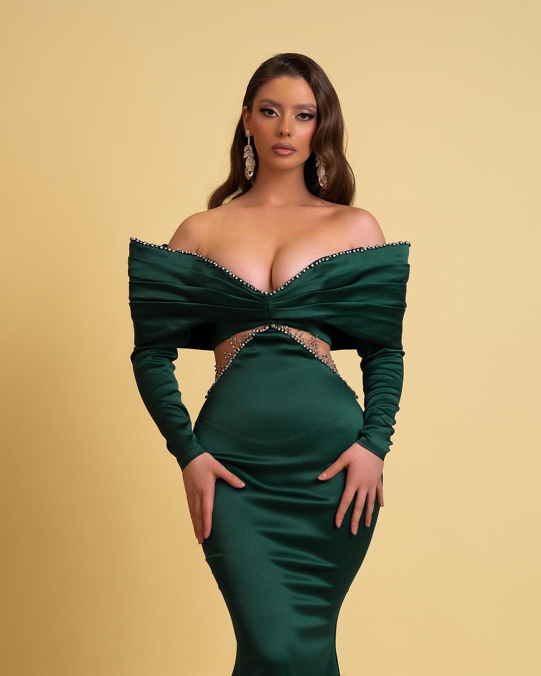 Designer Long Dark Green Mermaid Off-the-shoulder Rhinestones Prom Dress With Long Sleeves - Prom Dresses - DINIBLO 