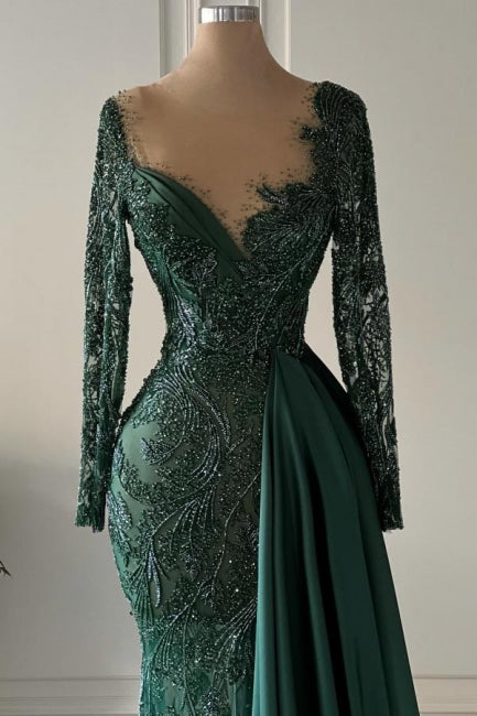 Designer Long Dark Green V-neck Lace Mermaid Prom Dresses with Long Sleeves - Prom Dresses - DINIBLO 