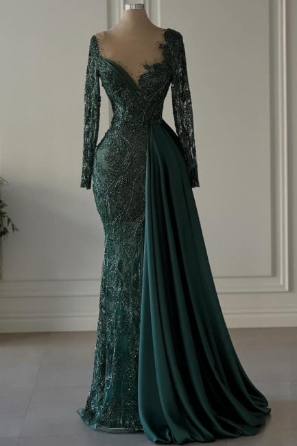 Designer Long Dark Green V-neck Lace Mermaid Prom Dresses with Long Sleeves - Prom Dresses - DINIBLO 