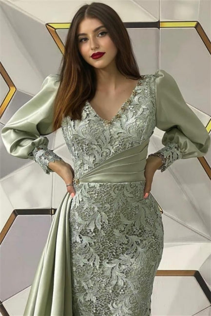 Designer Long Dusty Sage Mermaid Long Sleeves Evening Dresses With Lace - Prom Dresses - DINIBLO 