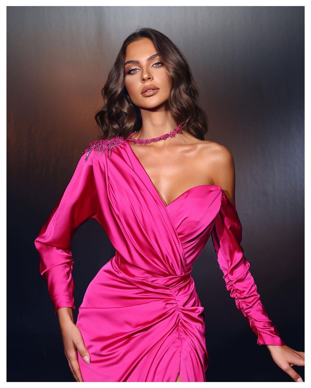 Designer Long Fuchsia One Shoulder Beading Long Sleeves Prom Dress With Slit - Prom Dresses - DINIBLO 