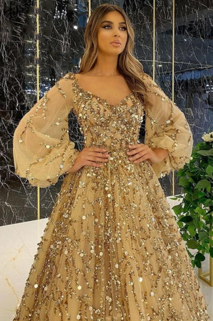 Designer Long Gold A-line Lace Sequined Long Sleeves Evening Dresses With Glitter - Prom Dresses - DINIBLO 