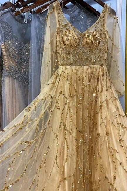 Designer Long Gold A-line Lace Sequined Long Sleeves Evening Dresses With Glitter - Prom Dresses - DINIBLO 