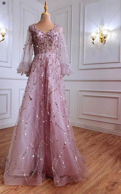 Designer Long Gold A-line Lace Sequined Long Sleeves Evening Dresses With Glitter - Prom Dresses - DINIBLO 