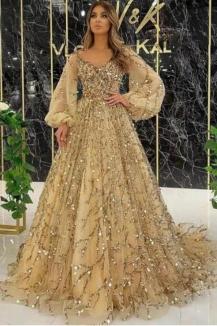 Designer Long Gold A-line Lace Sequined Long Sleeves Evening Dresses With Glitter - Prom Dresses - DINIBLO 