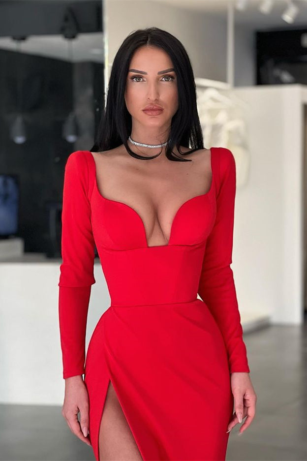 Designer Long Sexy Red Long Sleeves Prom Dress With Slit - Prom Dresses - DINIBLO 