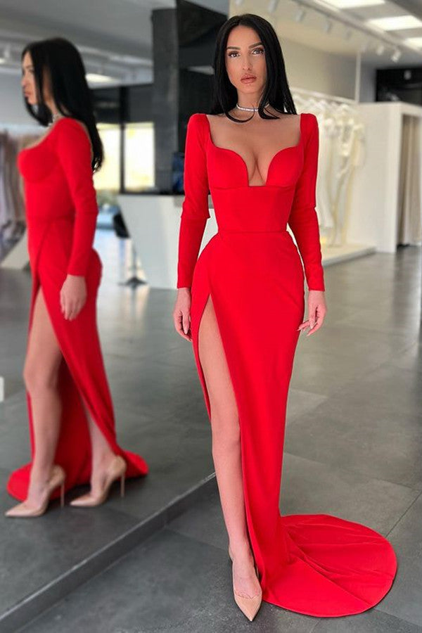 Designer Long Sexy Red Long Sleeves Prom Dress With Slit - Prom Dresses - DINIBLO 