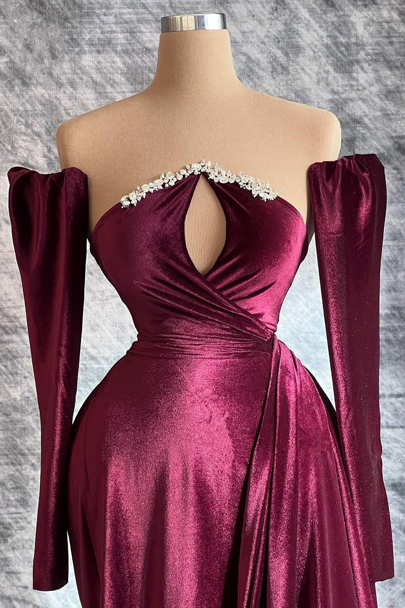 Designer Long Velvet Sequined Long Sleeves Prom Dress With Train - Prom Dresses - DINIBLO 