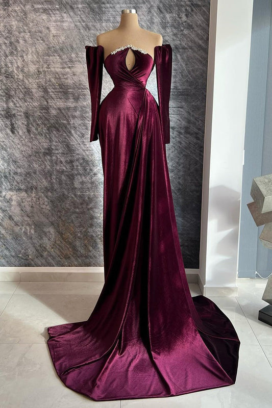 Designer Long Velvet Sequined Long Sleeves Prom Dress With Train - Prom Dresses - DINIBLO 