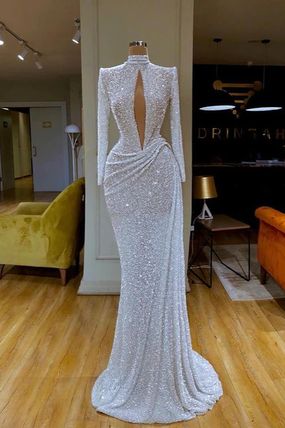 Designer Long White High Neck Long Sleeves Mermaid Sequined Prom Dress - Prom Dresses - DINIBLO 