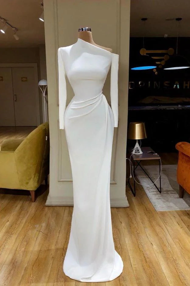 Designer Long White Mermaid One Shoulder Prom Dress With Long Sleeves - Prom Dresses - DINIBLO 