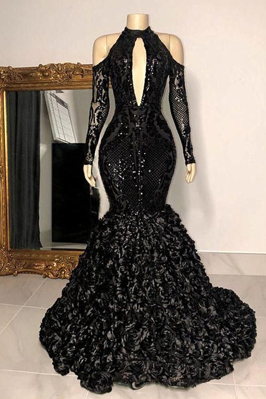 Dignified Black Halter Long Sleeve Transparent lace Beading Floor-length Mermaid Prom Dresses - Prom Dresses - DINIBLO 