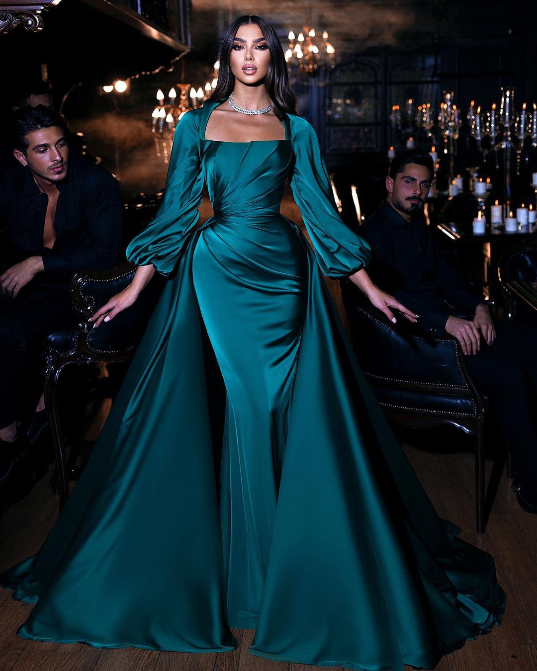 Dignified Green Square Neckline Long Sleeve Column Floor-length Wedding Dresses with Train - Prom Dresses - DINIBLO 