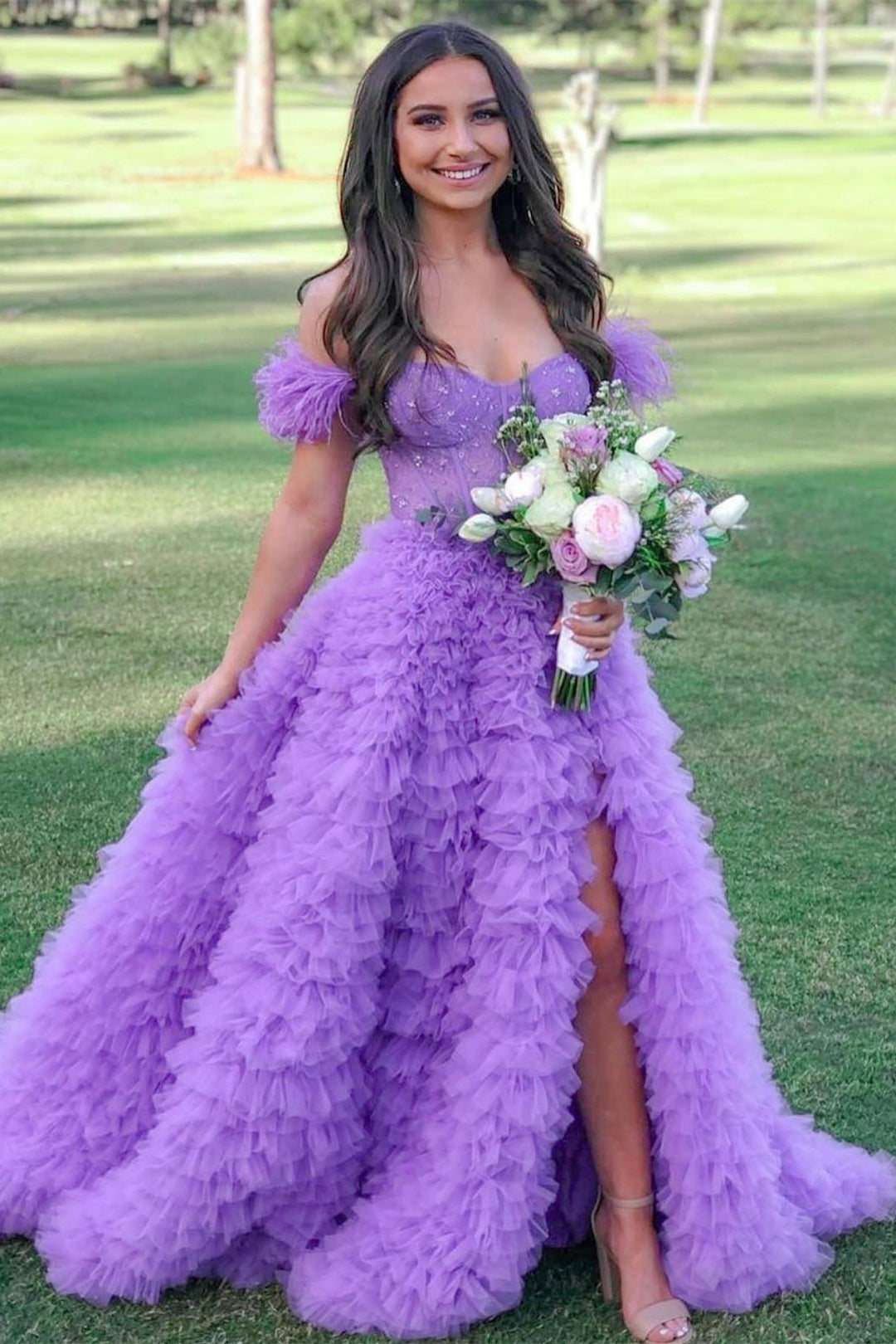 Ingrid |A Line Sweetheart Tiered Tulle Long Prom Dress With Slit - Prom Dress - DINIBLO 