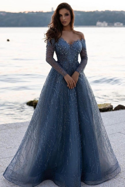 Dusty Blue Sequined A-Line Long Sleeves Sweetheart Prom Dress - Prom Dresses - DINIBLO 