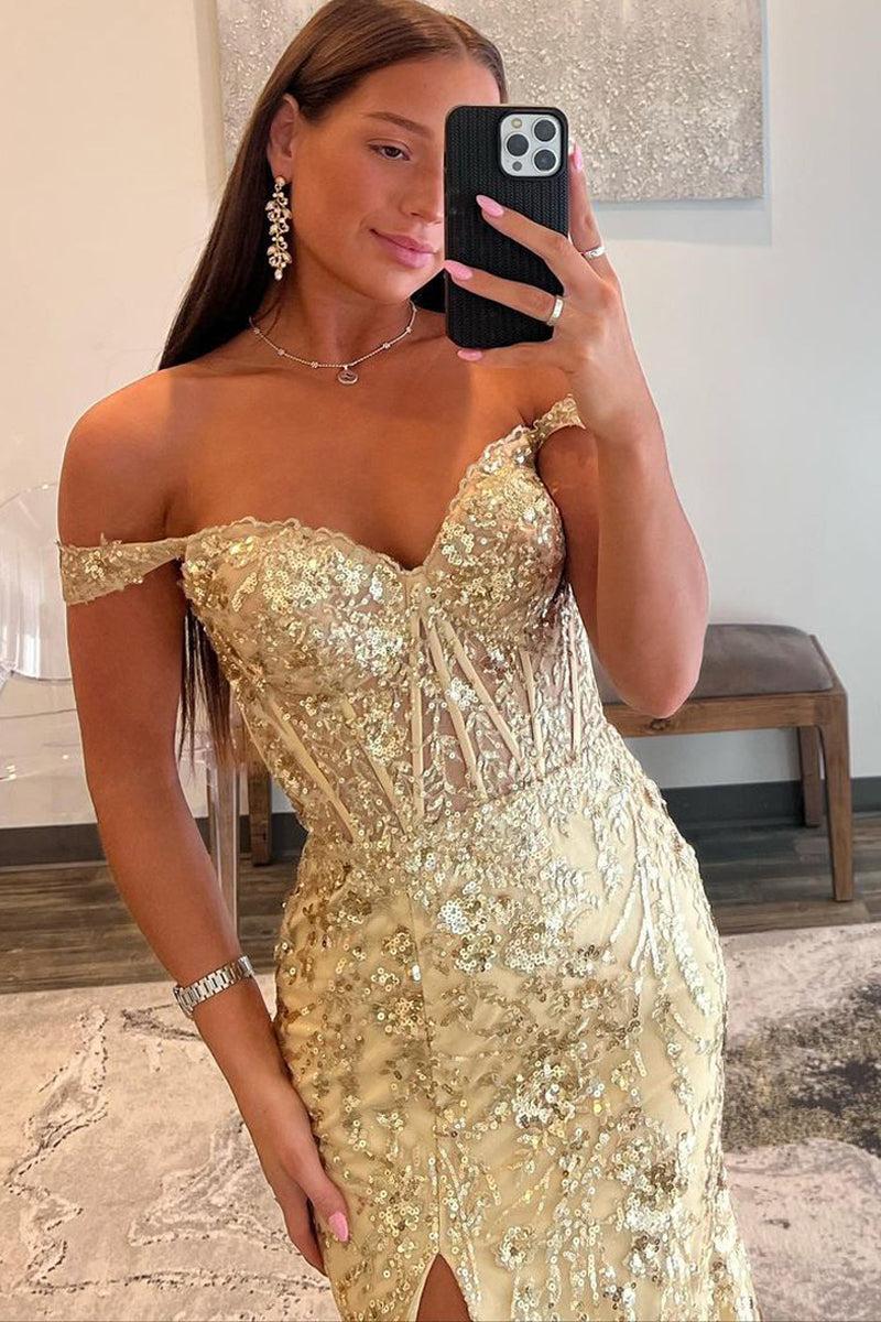 Soleil | Gold Sequin Lace Off the Shoulder Mermaid Prom Dress - Prom Dress - DINIBLO 