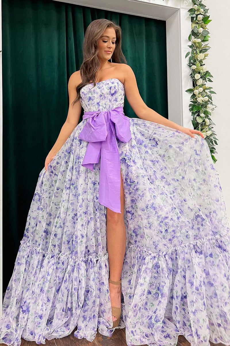 Chic Floral Printed Chiffon Strapless Long Prom Dresses with Slit - Prom Dress - DINIBLO 