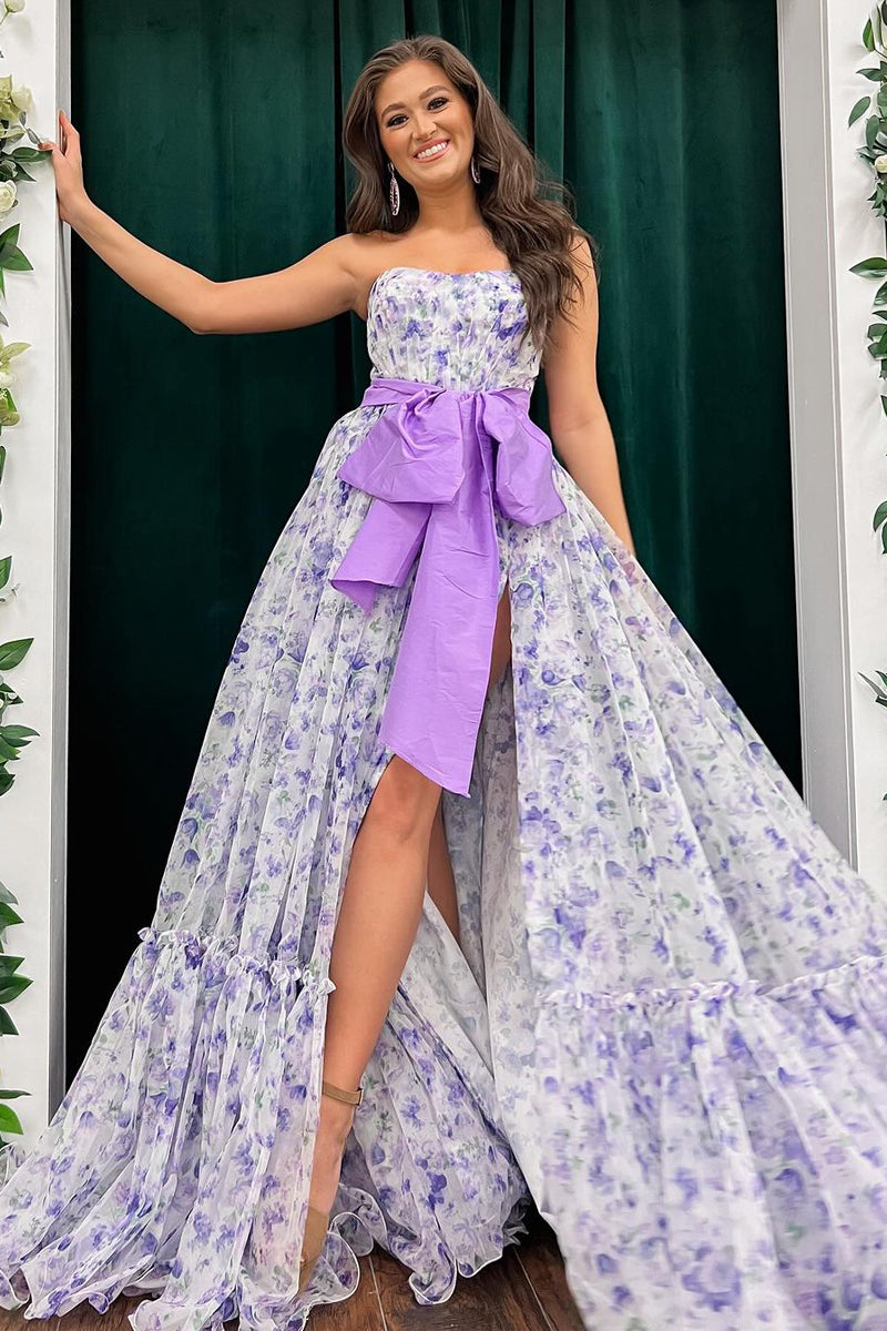 Chic Floral Printed Chiffon Strapless Long Prom Dresses with Slit - Prom Dress - DINIBLO 