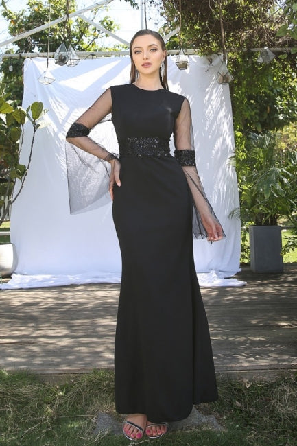 Elegant Black Jewel Long-Sleeves Mermaid Satin Prom Dresses - Prom Dresses - DINIBLO 