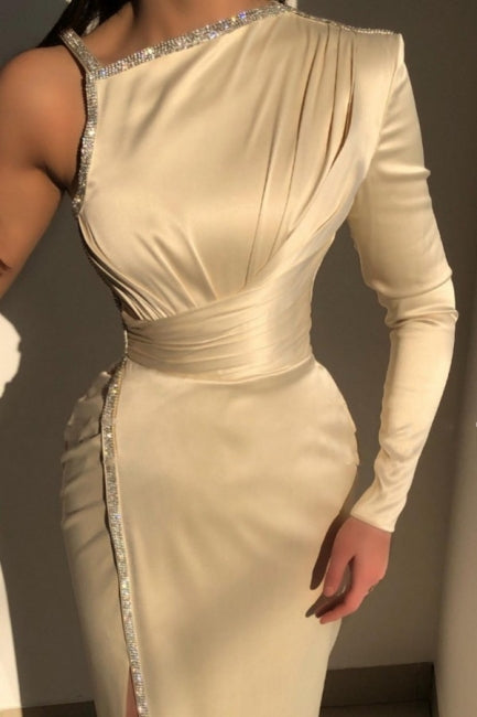 Elegant Ivory One-shoulder Long-Sleeve Sheath Prom Dresses with Sequins - Prom Dresses - DINIBLO 