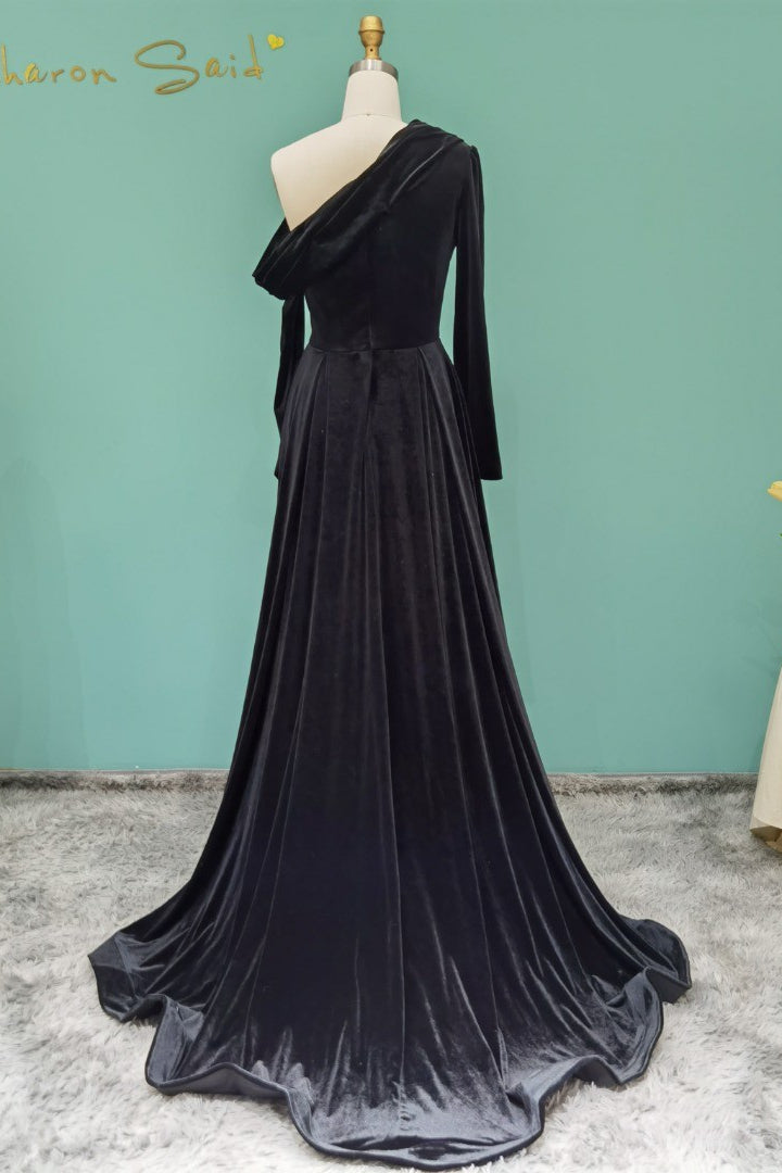 Elegant Long A-line One Shoulder Beading Prom Dress With Long Sleeves - Prom Dresses - DINIBLO 