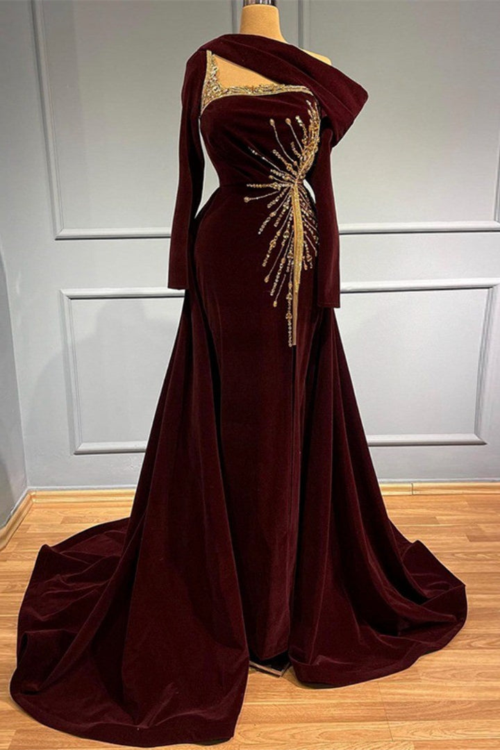 Elegant Long A-line One Shoulder Beading Prom Dress With Long Sleeves - Prom Dresses - DINIBLO 