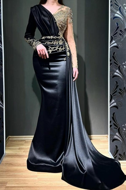 Elegant Long Black Beading Mermaid Evening Dresses With Long Sleeves - Prom Dresses - DINIBLO 