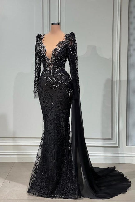 Elegant Long Black V-neck Lace Mermaid Evening Dresses With Long Sleeves - Prom Dresses - DINIBLO 