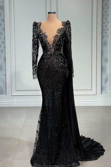 Elegant Long Black V-neck Lace Mermaid Evening Dresses With Long Sleeves - Prom Dresses - DINIBLO 