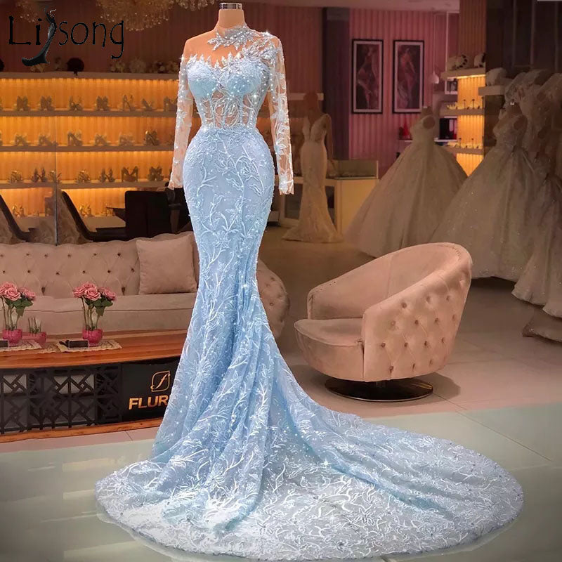 Elegant Long Blue Mermaid Long Sleeves Lace Prom Dress With Train - Prom Dresses - DINIBLO 