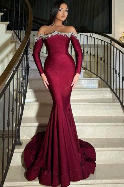 Elegant Long Burgundy Mermaid Rhinestones Prom Dress with Long Sleeves - Prom Dresses - DINIBLO 