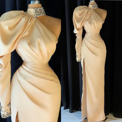 Elegant Long Champagne High Neck One Shoulder Split Prom Dress With Slit - Prom Dresses - DINIBLO 