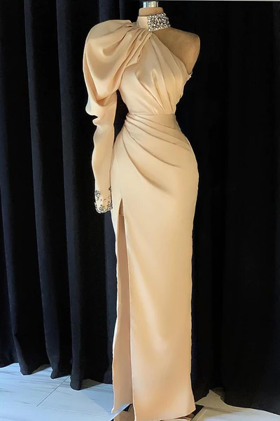 Elegant Long Champagne High Neck One Shoulder Split Prom Dress With Slit - Prom Dresses - DINIBLO 