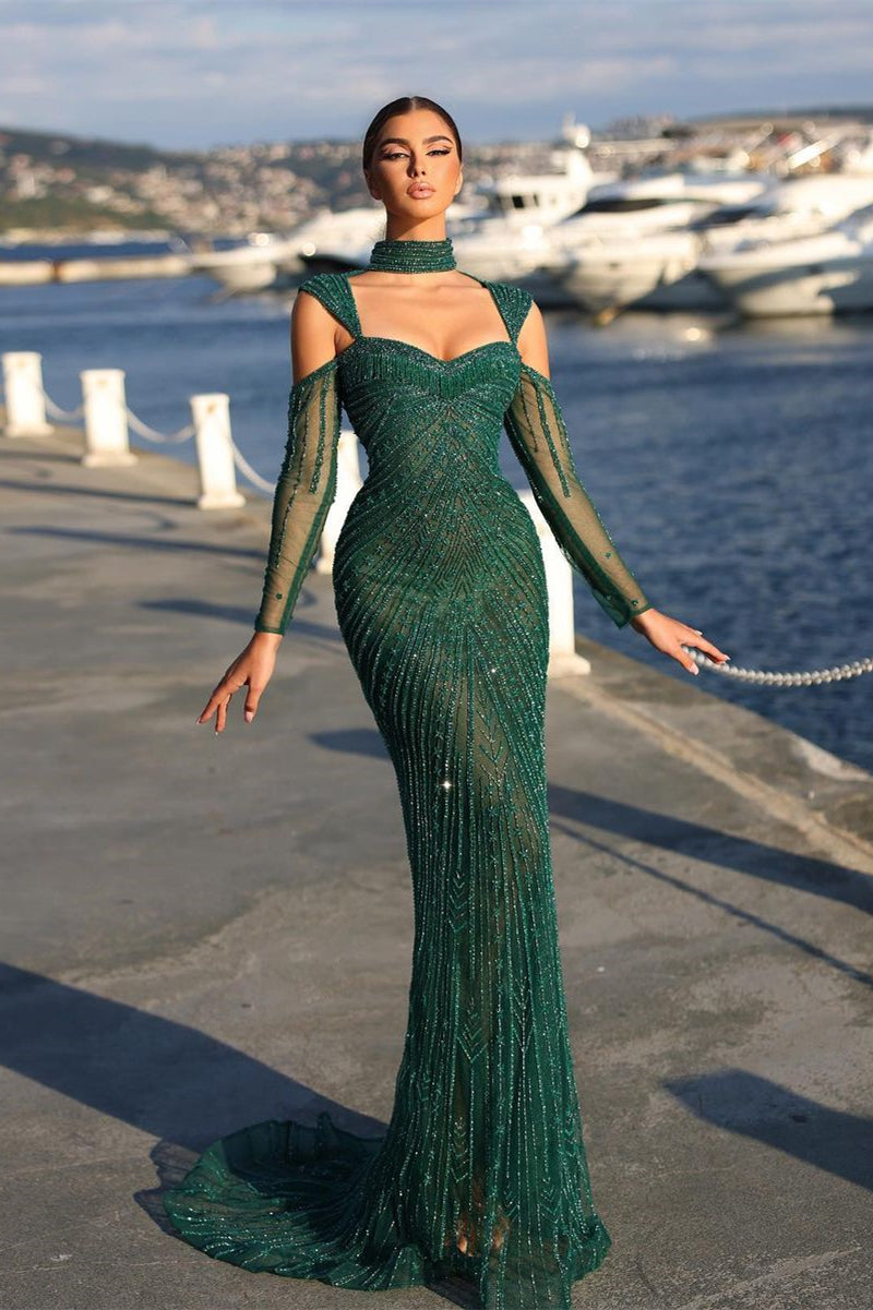 Elegant Long Dark Green Beading Off-the-shoulder Prom Dress With Sleeves - Prom Dresses - DINIBLO 