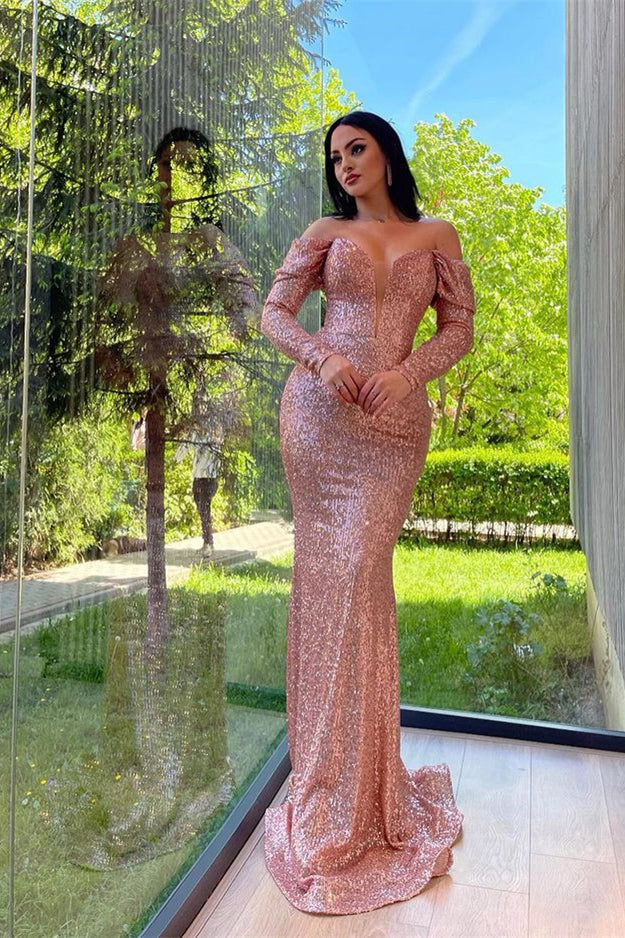 Elegant Long Off-the-shoulder Sequined Mermaid Evening Dresses With Long Sleeves - Prom Dresses - DINIBLO 