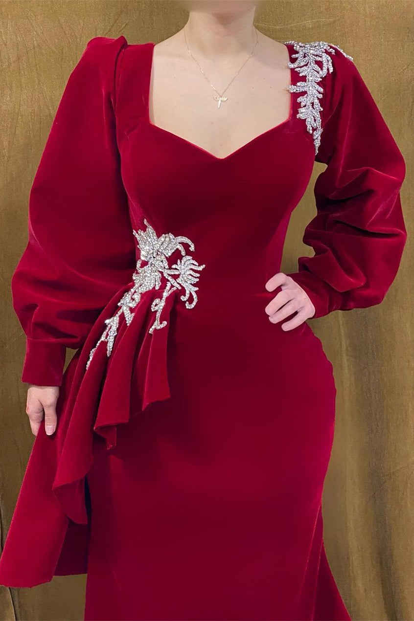 Elegant Long Red Velvet Beading Mermaid Prom Dress With Long Sleeves - Prom Dresses - DINIBLO 