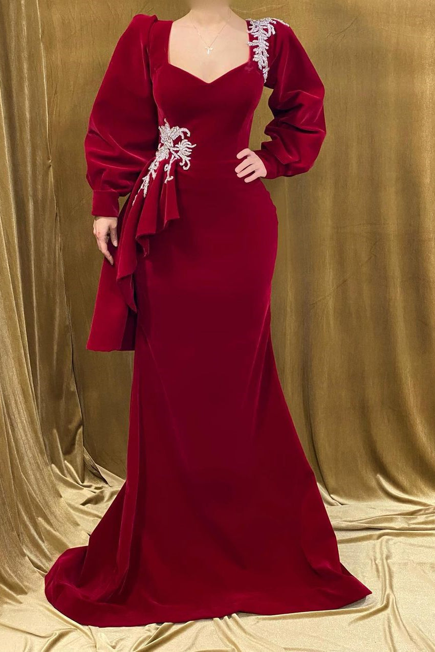 Elegant Long Red Velvet Beading Mermaid Prom Dress With Long Sleeves - Prom Dresses - DINIBLO 