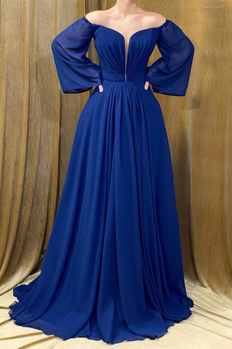 Elegant Long Royal Blue Strapless A-Line Prom Dress With Long Sleeves - Prom Dresses - DINIBLO 