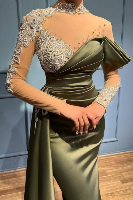 Elegant Long Sage High Neck Mermaid Evening Dresses With Long Sleeves - Prom Dresses - DINIBLO 