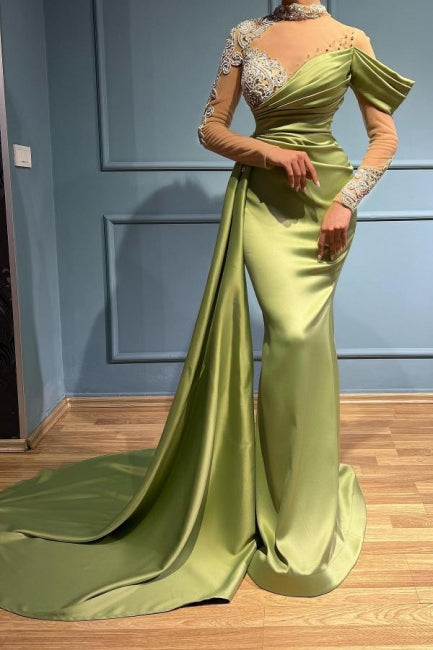 Elegant Long Sage High Neck Mermaid Evening Dresses With Long Sleeves - Prom Dresses - DINIBLO 