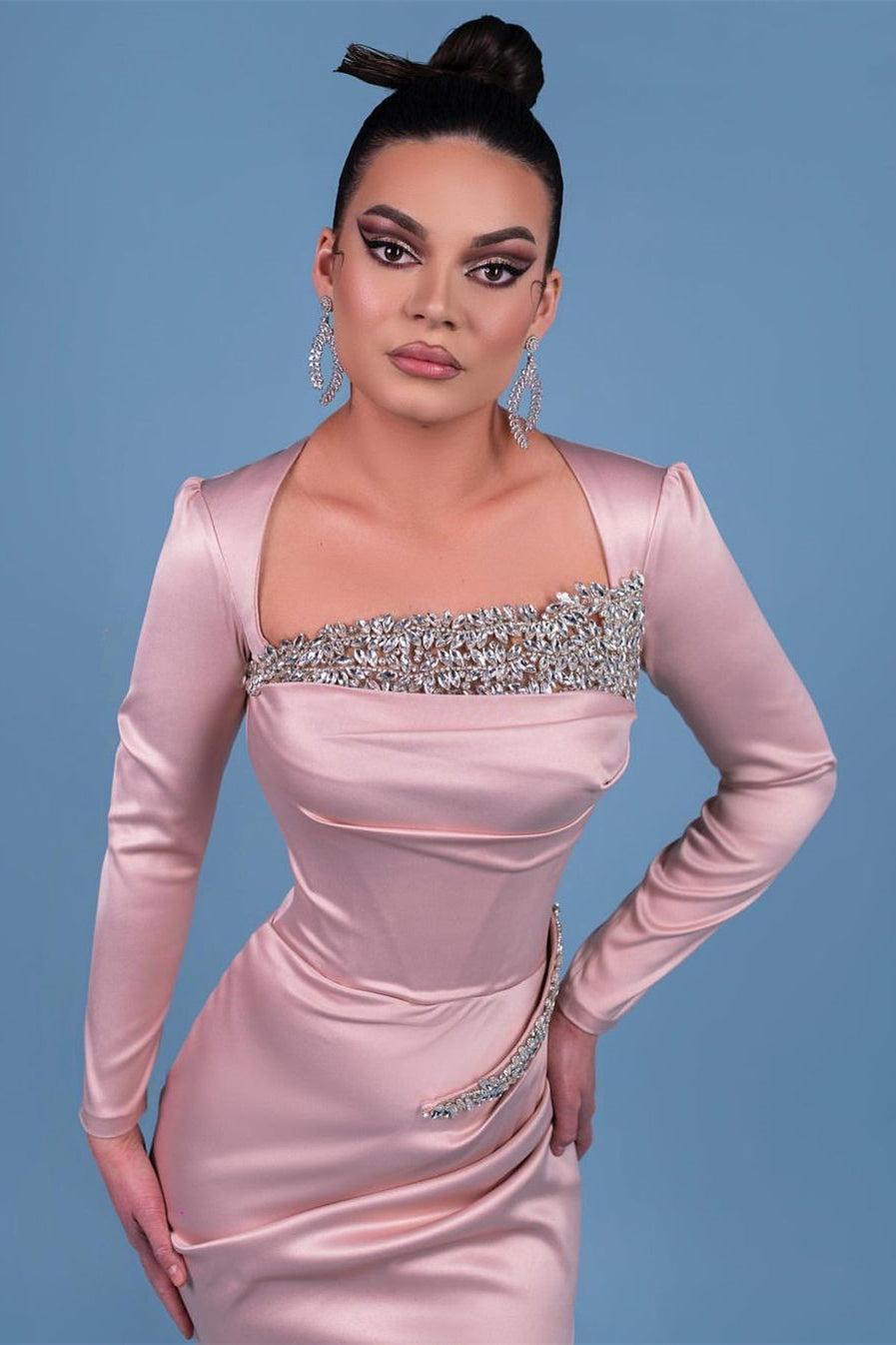 Elegant Long Satin Sleeve Pink Prom Dresses With Rhinestone - Prom Dresses - DINIBLO 