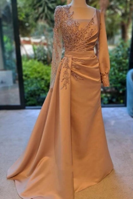 Elegant Long Sleeves Prom Dress Floral Satin Evening Party Dress with Side Sweep Train - Prom Dresses - DINIBLO 