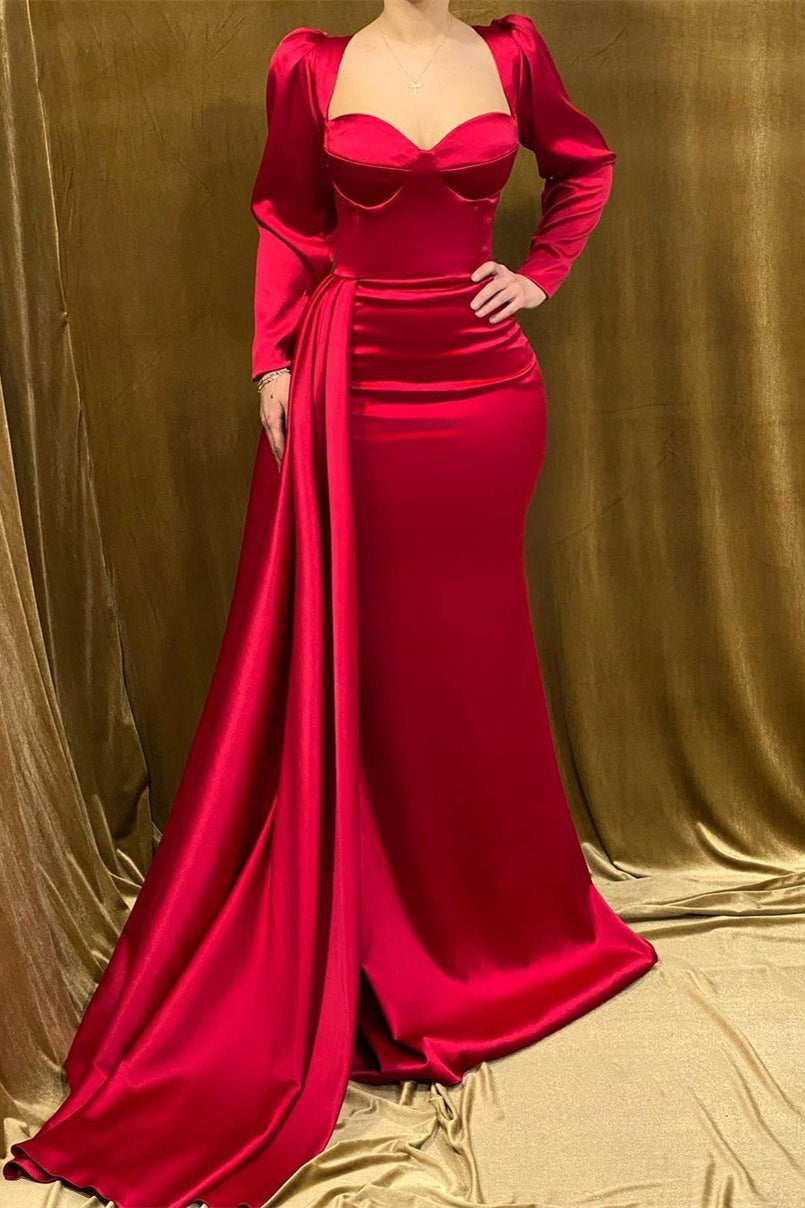 Elegant Long Strapless Red Satin Mermaid Prom Dress With Long Sleeves - Prom Dresses - DINIBLO 