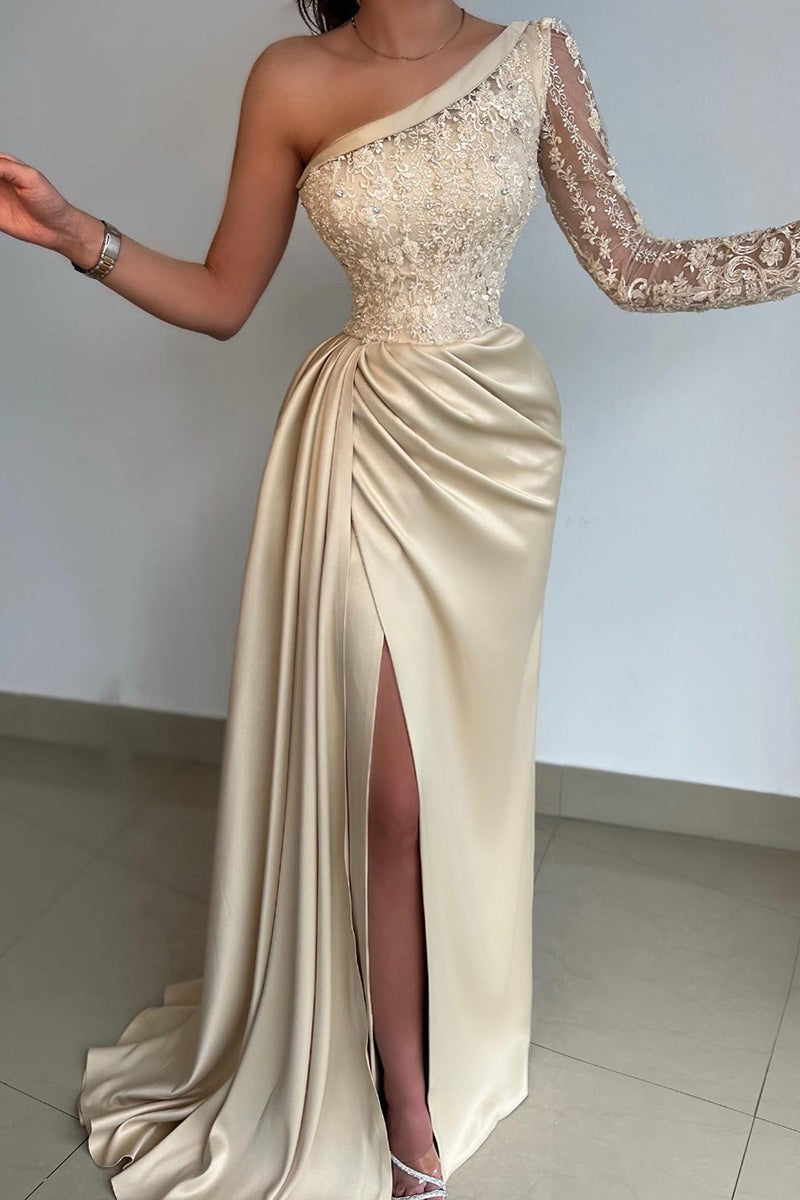 Elegant One Shoulder Lace Long Sleeve Satin Prom Dress With Slit - Prom Dresses - DINIBLO 