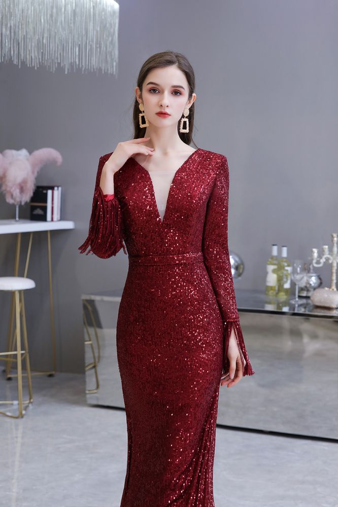 Elegant Sequined Burgundy V-Neck Mermaid Cocktail Party Dress Floor Length - Prom Dresses - DINIBLO 