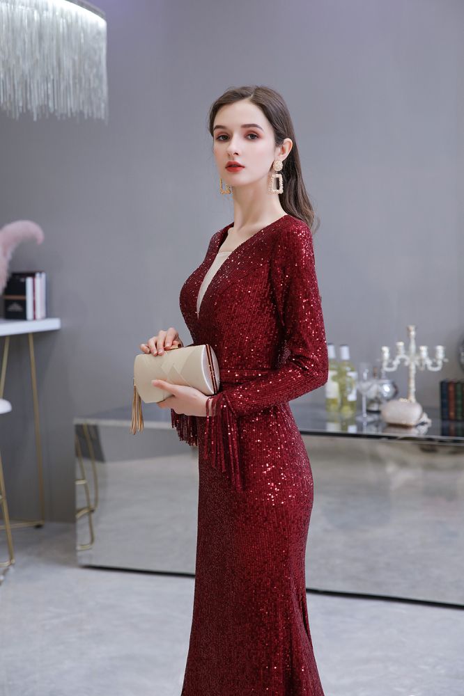 Elegant Sequined Burgundy V-Neck Mermaid Cocktail Party Dress Floor Length - Prom Dresses - DINIBLO 