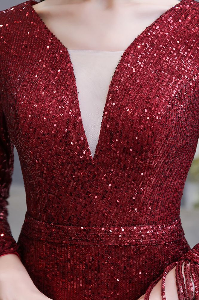 Elegant Sequined Burgundy V-Neck Mermaid Cocktail Party Dress Floor Length - Prom Dresses - DINIBLO 